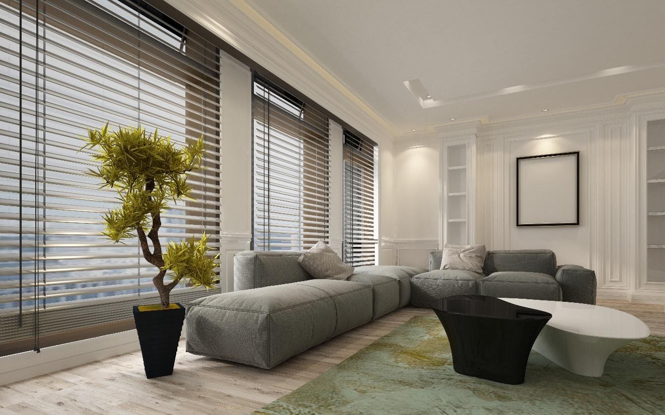 Fancy apartment living room interior with large floor to ceiling window venetian blinds and soft grey modular sofa.